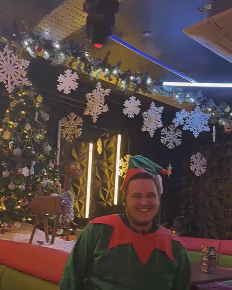 Max hosting a Christmas party in an elf costume