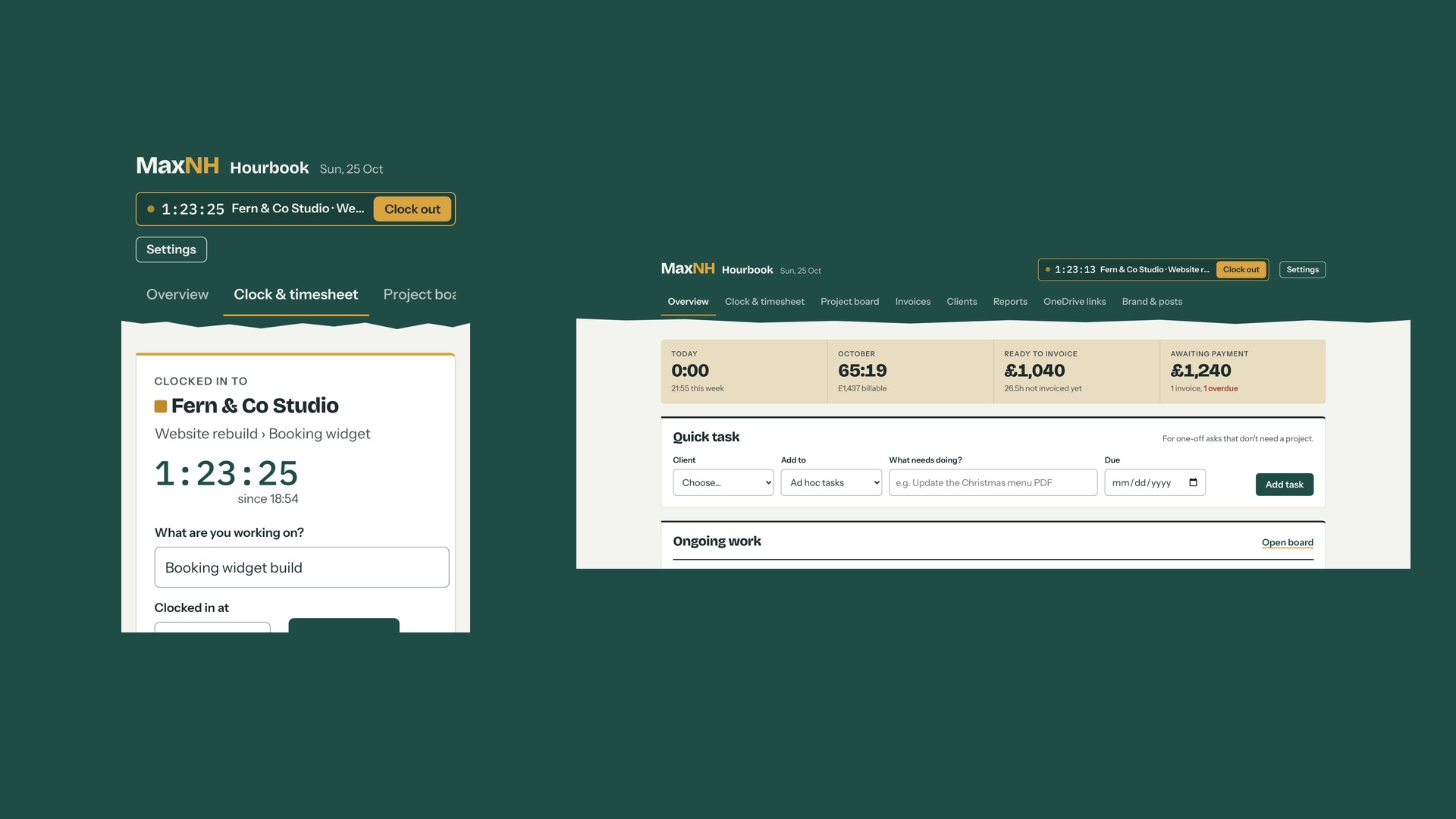 Hourbook overview screen showing hours logged, ready to invoice and awaiting payment