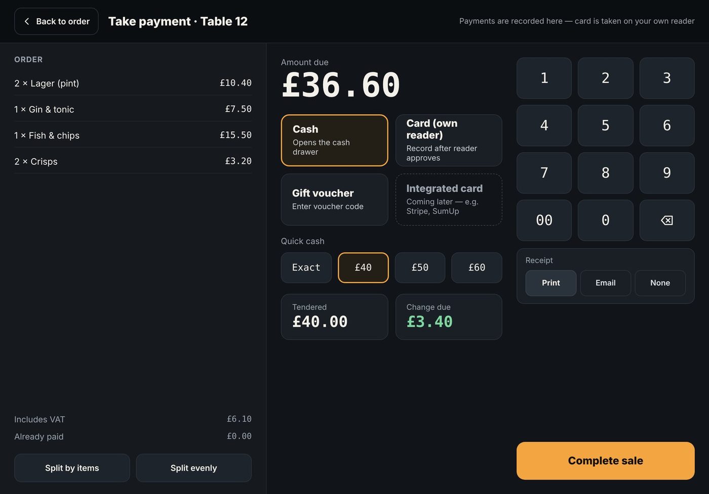 Taking payment