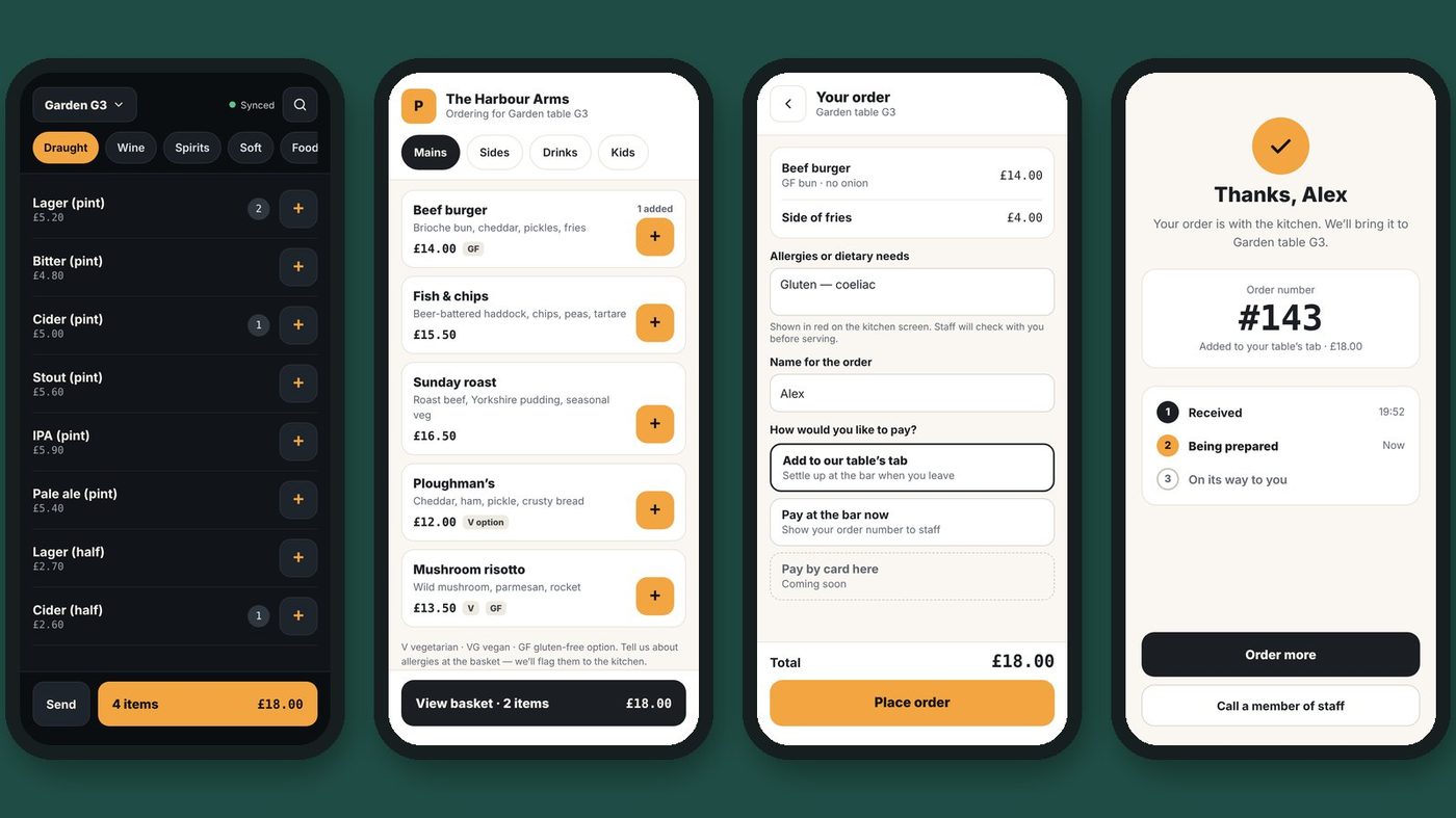 Staff ordering on a phone, and a guest ordering from their table by QR code