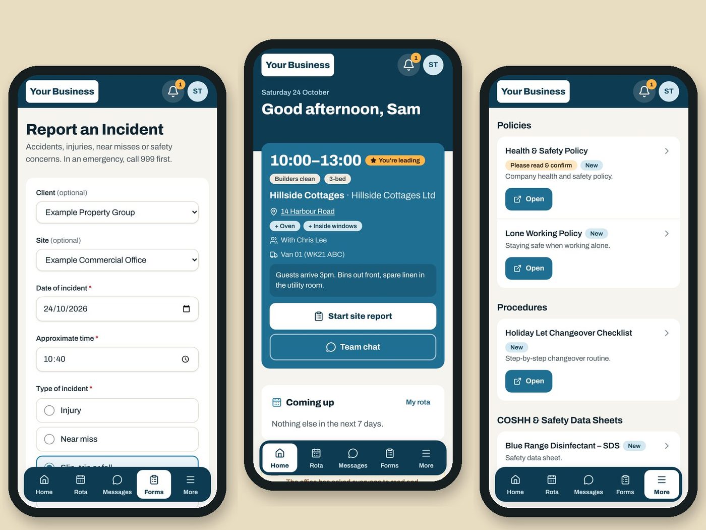 Team Hub on a phone: daily jobs, incident report and policies
