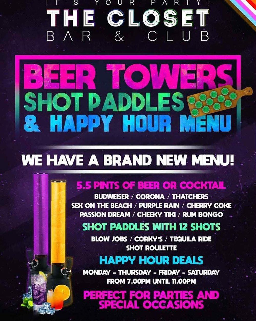 The happy hour menu: towers, shot paddles and deals four nights a week